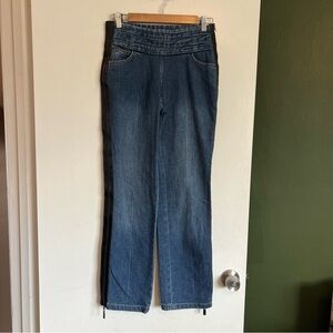 Escada blue denim jeans with black tuxedo side stripe zippers on both sides